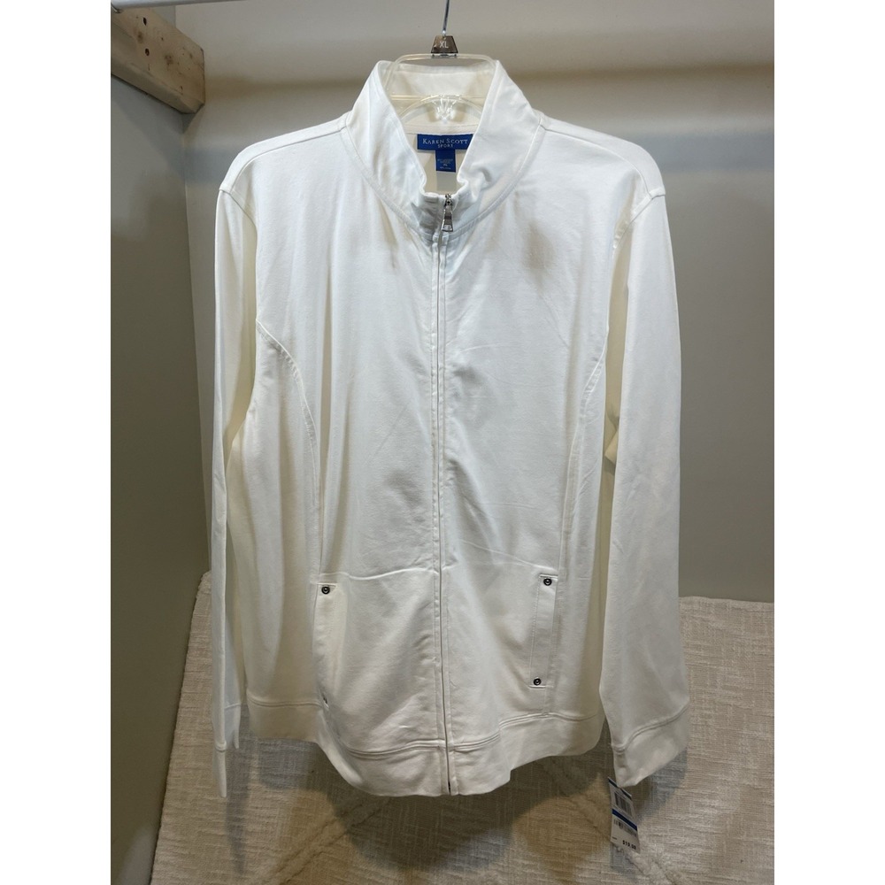 Karen Scott Sport White Long Sleeve Full Zip Jacket Women's XL Grommet Pockets